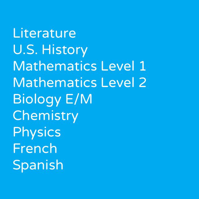 OfficialSAT's tweet photo. The 9 SAT Subject Tests below will be given on May 6. Register online: https://t.co/XqpACr6kb9 https://t.co/2ZwlWodRJp