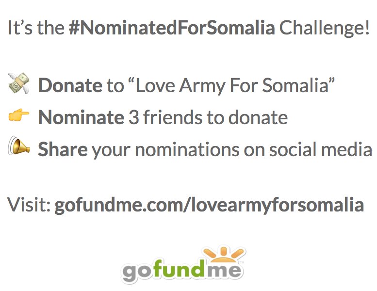 gofundme's tweet image. Ready for the #NominatedForSomalia challenge? gofundme.com/lovearmyforsom…

@jeromejarre @chakabars @CaseyNeistat @RedHourBen @ElJuanpaZurita