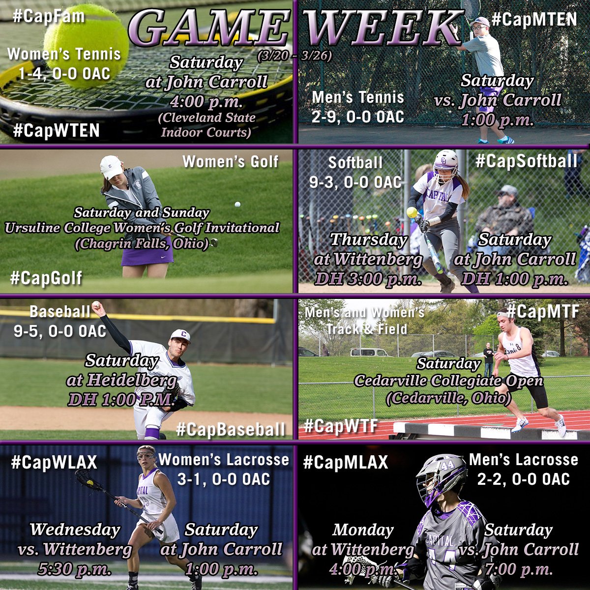 cap_athletics's tweet photo. Busy week for Cap athletics. #CapFam #CapMTF #CapWTF #CapMLAX #CapWLAX #CapSoftball #CapBaseball #CapGolf #CapMTEN #CapWTEN https://t.co/fI7h3763ju