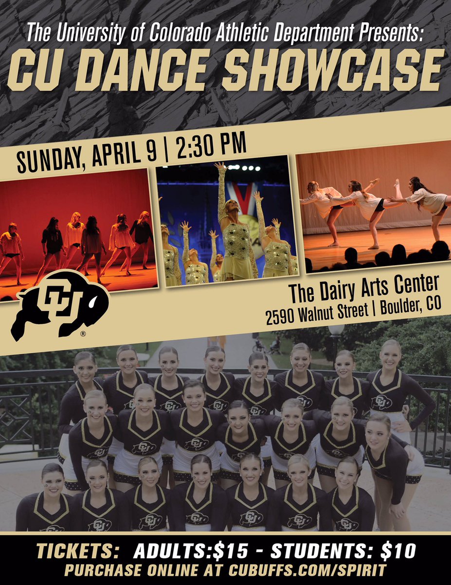 CUBuffsDance's tweet photo. Come to our annual CU Dance Showcase on April 9th! It is the perfect way to spend your Sunday afternoon! https://t.co/8H4L4FyRiM