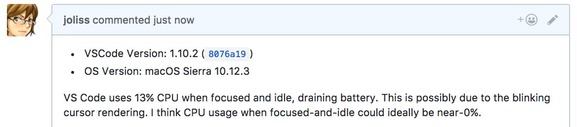 jo_liss's tweet image. The year is 2017. Desktop applications are written in JavaScript. Your CPU is busy rendering a blinking cursor.

(With much ❤️ for VS Code.)
