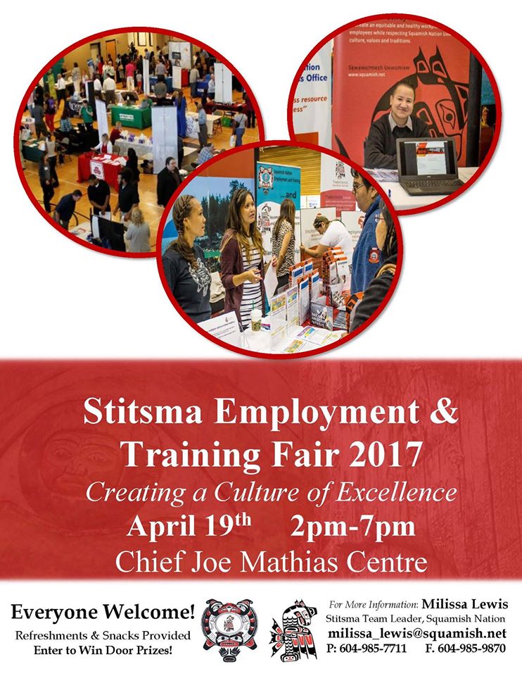 TWNCentre's tweet photo. Squamish Nation Career Fair - April 19th, 2017! @SquamishNation #EmploymentandTraining #FirstNations #careerfair2017 #Stitsma #Jobs #Career https://t.co/h2tm4dqBKw