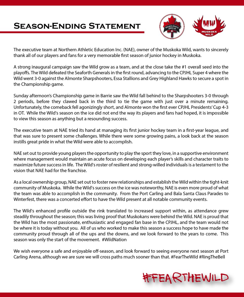 Northern Athletic Education and Muskoka Wild release statement to close inaugural season of play in <a href="/CPJHL/">CPJHL</a>. #FearTheWild #WildNation