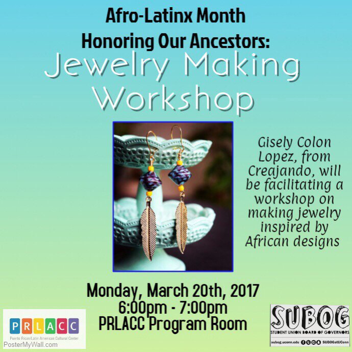 Hope everyone had a great spring break! Afro Latinx month is back today with our Jewerly Making Workshop tonight at 6pm at PRLACC