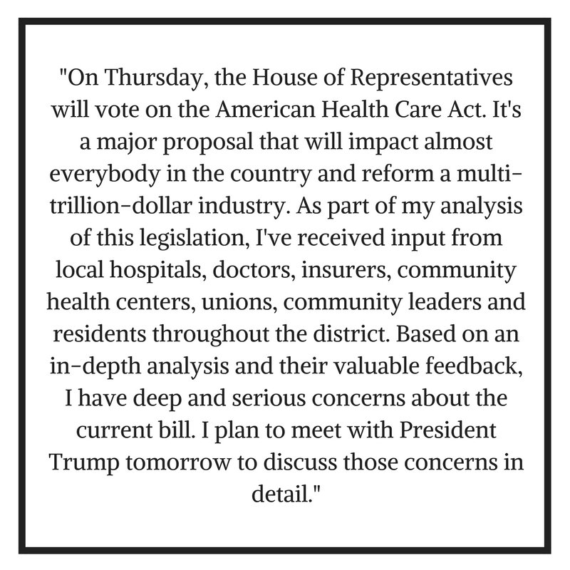 RepDanDonovan's tweet photo. I will be meeting with President Trump tomorrow to discuss my deep and serious concerns about the current AHCA bill: https://t.co/CXADOfZH5q https://t.co/LD05GCgcC6