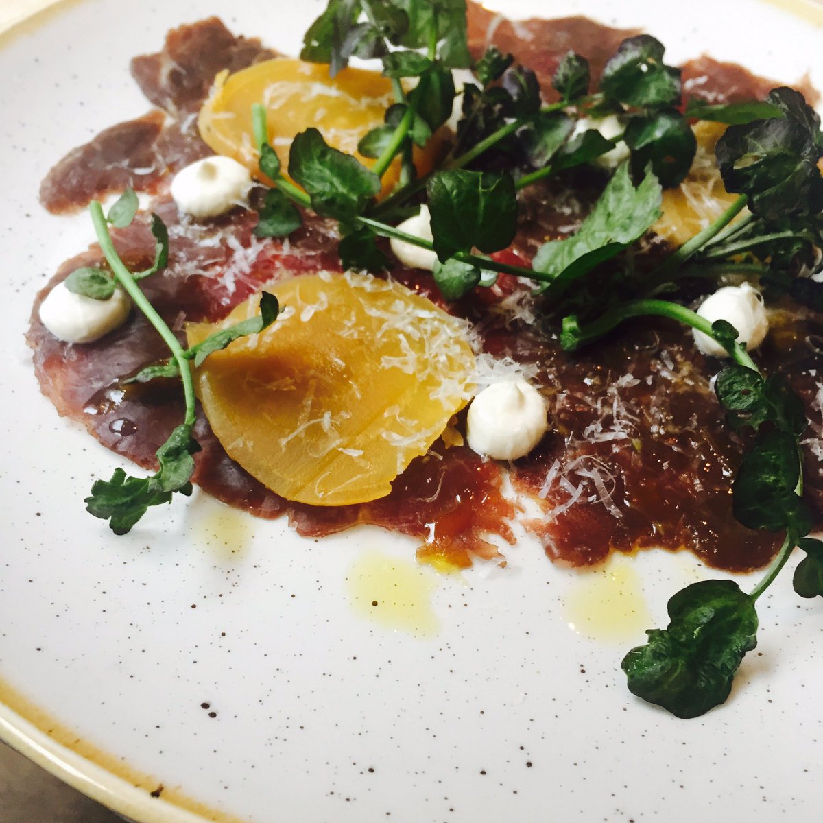 A Monday delight? Beef carpaccio with beetroot, watercress &amp; manchego #nomondayblues #deliciousstarters #chelseapubs
