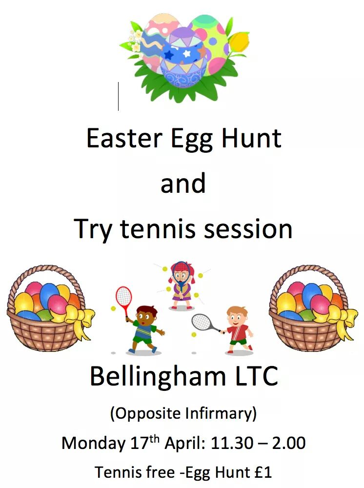 Come and join us for some easter fun on bank holiday Monday! Easter egg hunt and try tennis for free from 11.30am! See you there!