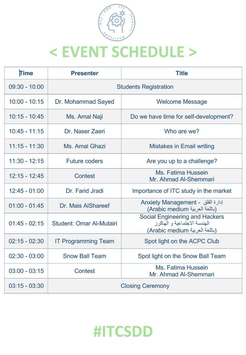 SalsabilShahin's tweet photo. يدعوكم قسم تقنية المعلومات إلى حضور فعالية " Development Day " وذلك يوم الأحد 26-3 في مسرح قتيبة الغانم.
#AOUKW
#ITCSDD https://t.co/CcxCxIZXqj