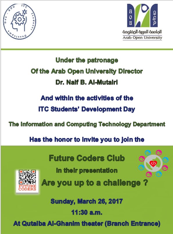 abeer_18aaa's tweet photo. Welcome all student ITC 👩🏻💻👨🏻💻)Don't miss the grandest event
\\ #aou #aoukw #ITCSDD https://t.co/SlSKpMGMM0