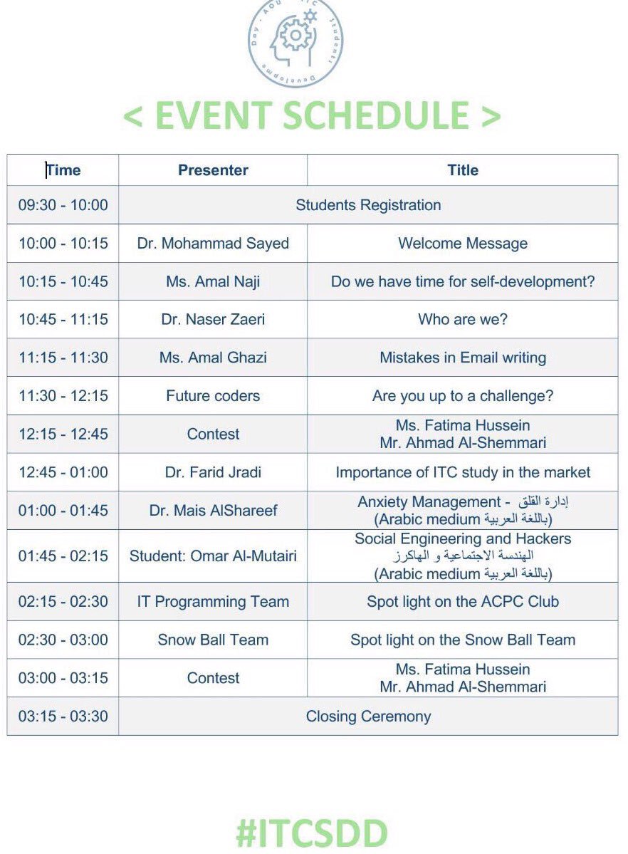 abeer_18aaa's tweet photo. Welcome all student ITC 👩🏻💻👨🏻💻)Don't miss the grandest event
\\ #aou #aoukw #ITCSDD https://t.co/SlSKpMGMM0