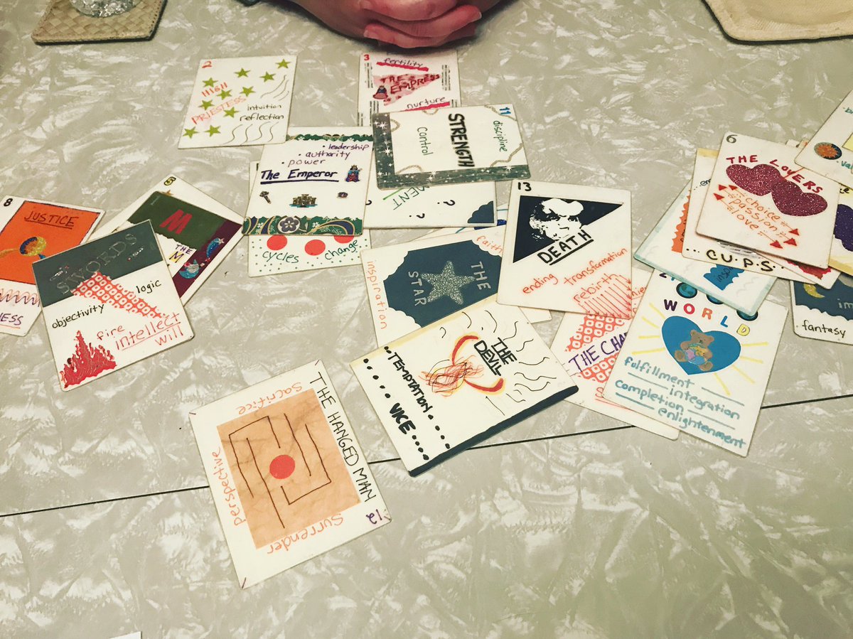 helpwantedpod's tweet photo. Arcie Cola's homemade #tarot deck. Find out how she made these cards on the latest #HelpWantedPodcast https://t.co/Ef92HI4BzA https://t.co/fM4RHKvUN1