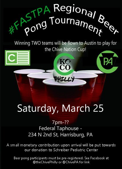 theChivePhilly's tweet photo. There's still time to register for the #FASTPA beer pong tournament! Check out Facebook for more info.
Let us know if you have any questions https://t.co/doBEvnff68