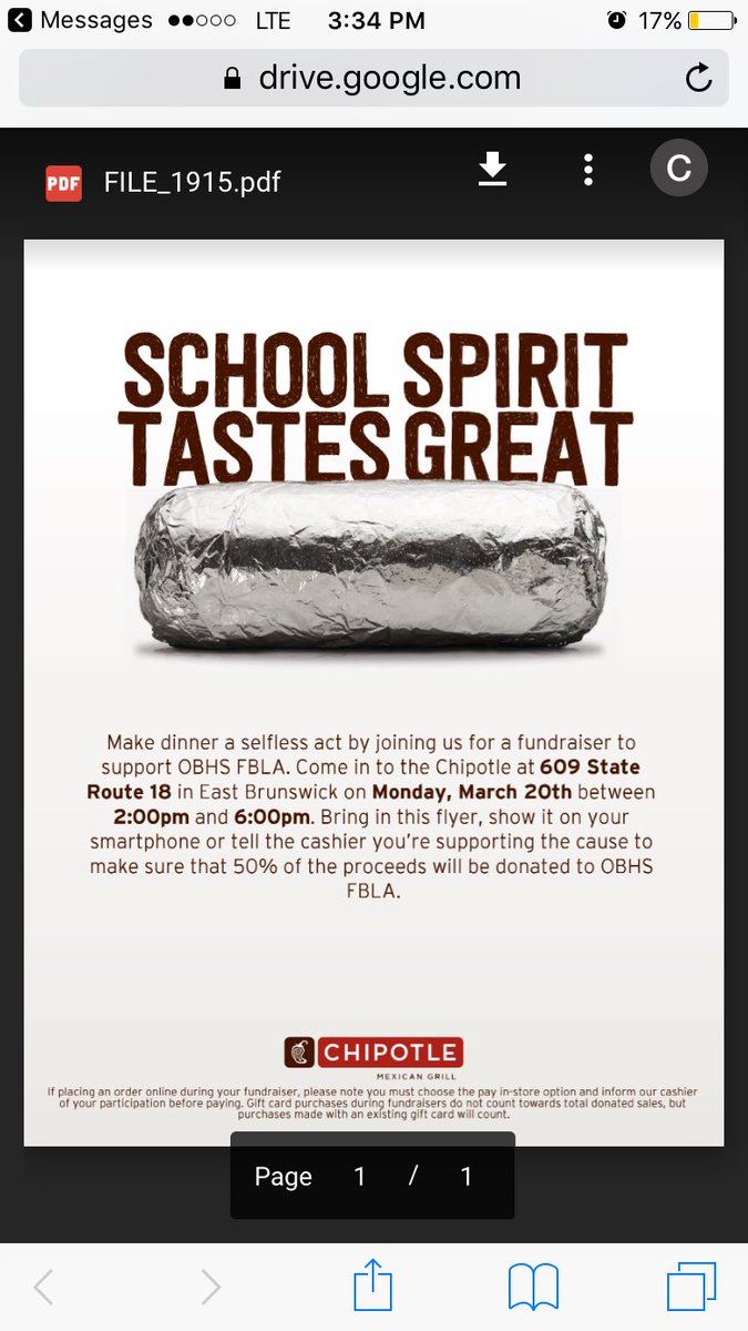 Go to Chipotle on Rt 18 today by 6 and sign in with a board member. Also make sure you show them this flyer so FBLA gets some of the money!