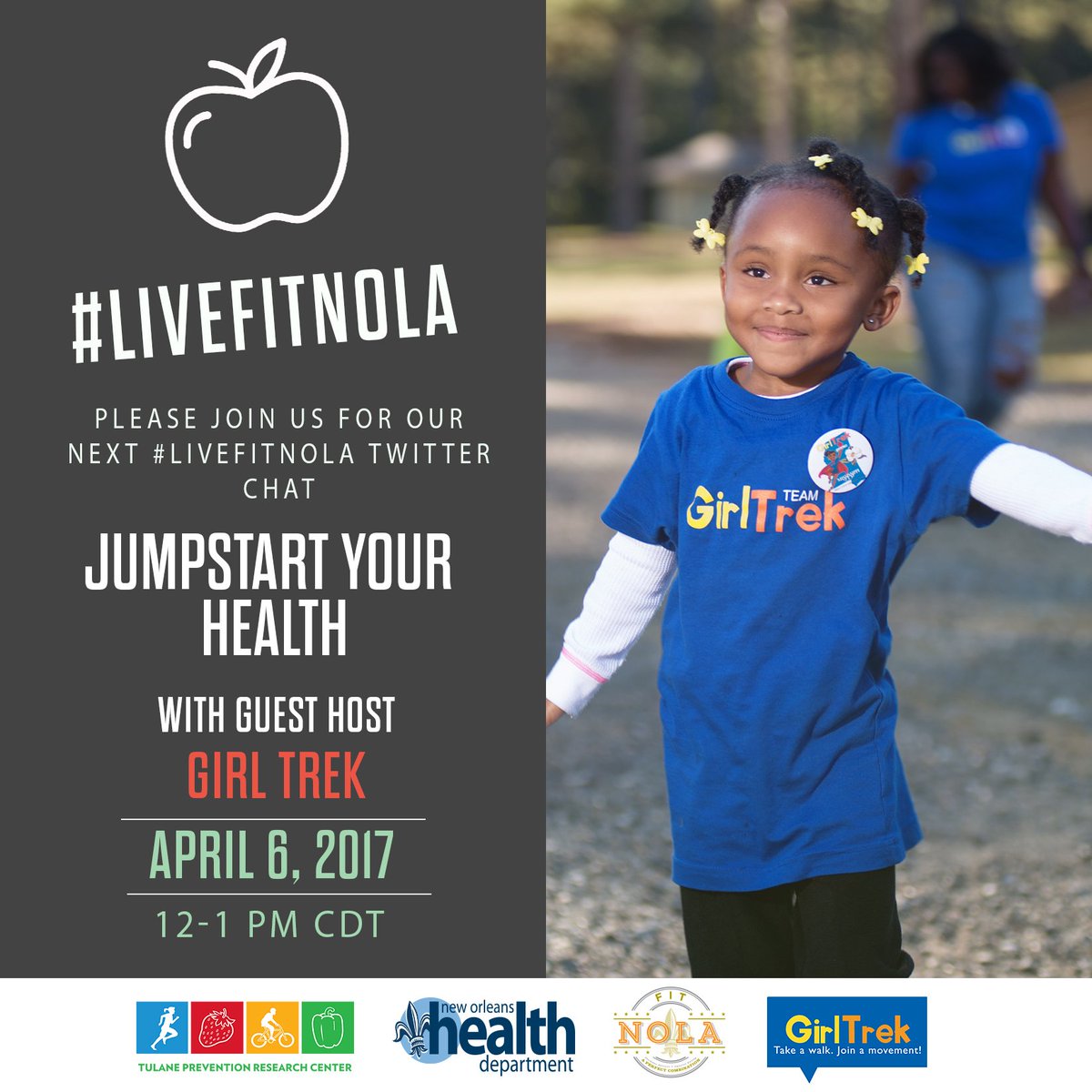 TulanePRC's tweet photo. Join us April 6th at 12-1pm CT for our #LiveFitNOLA chat, @American_Heart! We're talking #JumpstartYourHealth with @FitNOLA &amp; @GirlTrek. https://t.co/uwjBEXRaQX