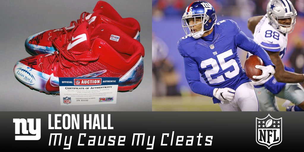 nflauction's tweet photo. .@Giants #LeonHall game-worn &amp; signed #MyCauseMyCleats are up! Support his cause and bid on his custom cleats here: https://t.co/eeJo6aH7lh https://t.co/eQVk8gYZp8