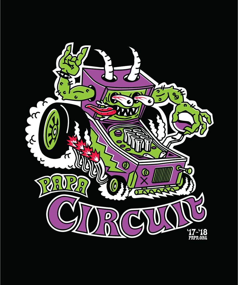SeanMcCauley18's tweet photo. My shirt design for the 2017-2018 @PAPApinball Circuit #pinball tourney. It's a little Rat Fink, little Hot Wheels, little White Zombie. https://t.co/RBn6BsmHr9