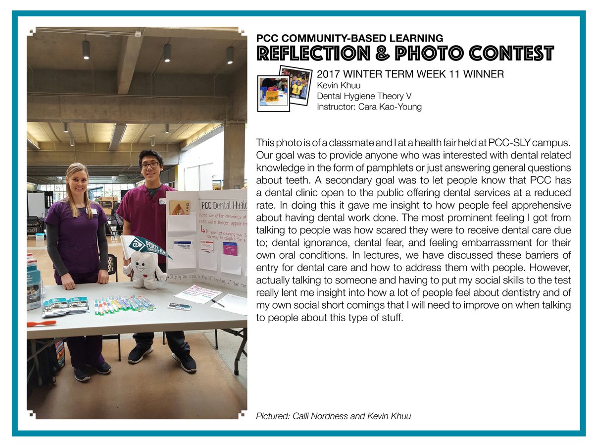 PCC_CBL's tweet photo. Congrats to Kevin, this week's CBL Reflection/Photo Contest Winner! #PCCSERVESHERE #DentalHygiene @PortlandCC https://t.co/AcShsACVN3
