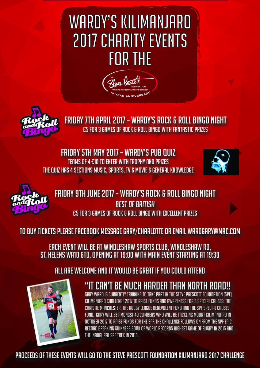 Charity Events for <a href="/StevePrescott1/">Steve Prescott MBE</a> Kilimanjaro Challenge 2017 - 7th April <a href="/RockRollBingo/">Rock and Roll Bingo</a> Night in St Helens