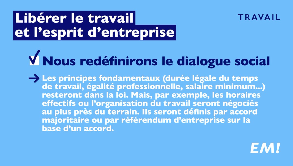Renaissance's tweet photo. Emmanuel Macron définira le dialogue social : c'est notamment là que se négociera le temps effectif de travail. #LeGrandDébat https://t.co/kQWcbhvgNw