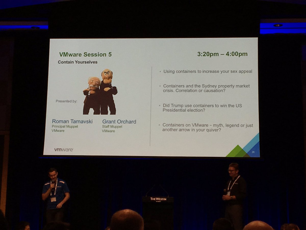 anthonyspiteri's tweet image. Special guests doing containers ... @grantorchard @romant #VMUGUsercon