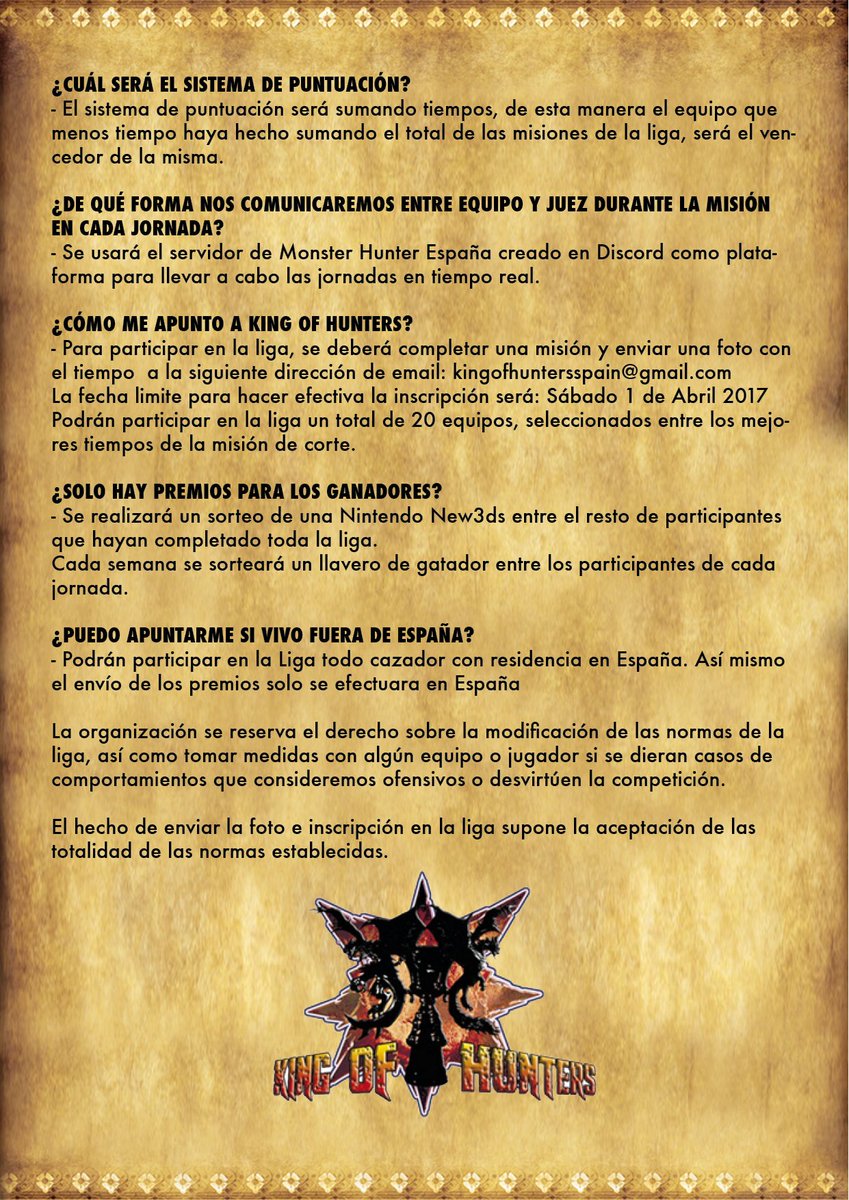 MonsterHunterHK's tweet photo. Anunciamos la liga King of Hunters junto @4puercosteam colaborando con @G_MonsterHunter @GremioCazadores
normativa: https://t.co/yo4O8yOts0 https://t.co/H83DDZ3HeX