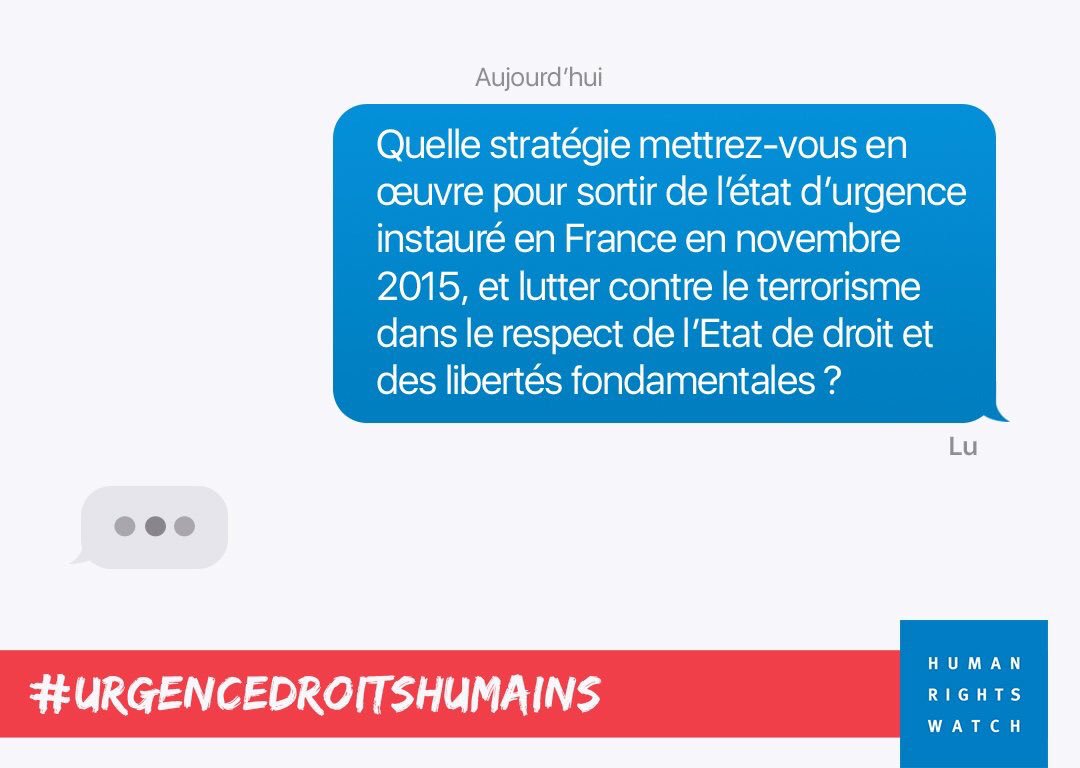 #DebatTF1 #LeGrandDebat Etat d'urgence: Question aux candidats #Presidentielle2017 #UrgenceDroitsHumains hrw.org/electionfrance