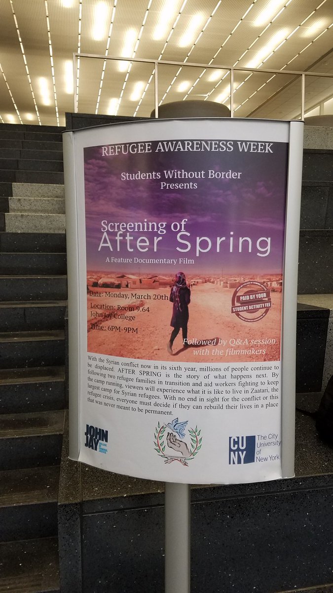 AfterSpringFilm's tweet photo. Ready for a spirited discussion @JohnJayCollege w/ #StudentsWithoutBorders for #RefugeeAwarenessWeek https://t.co/k3Cj9cf6rB
