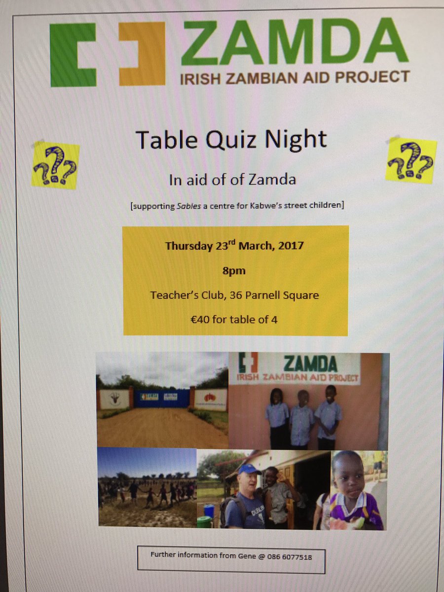 Gene Mehigan (@genemehigan) on Twitter photo Come join us in the Teacher's Club on Thursday 23rd @ 8pm for a table quiz in aid of Zamda <a href="/ZamdaIreland/">zamda ireland</a> @Joe_McHugh_TD Come join us in the Teacher's Club on Thursday 23rd @ 8pm for a table quiz in aid of Zamda <a href="/ZamdaIreland/">zamda ireland</a> @Joe_McHugh_TD