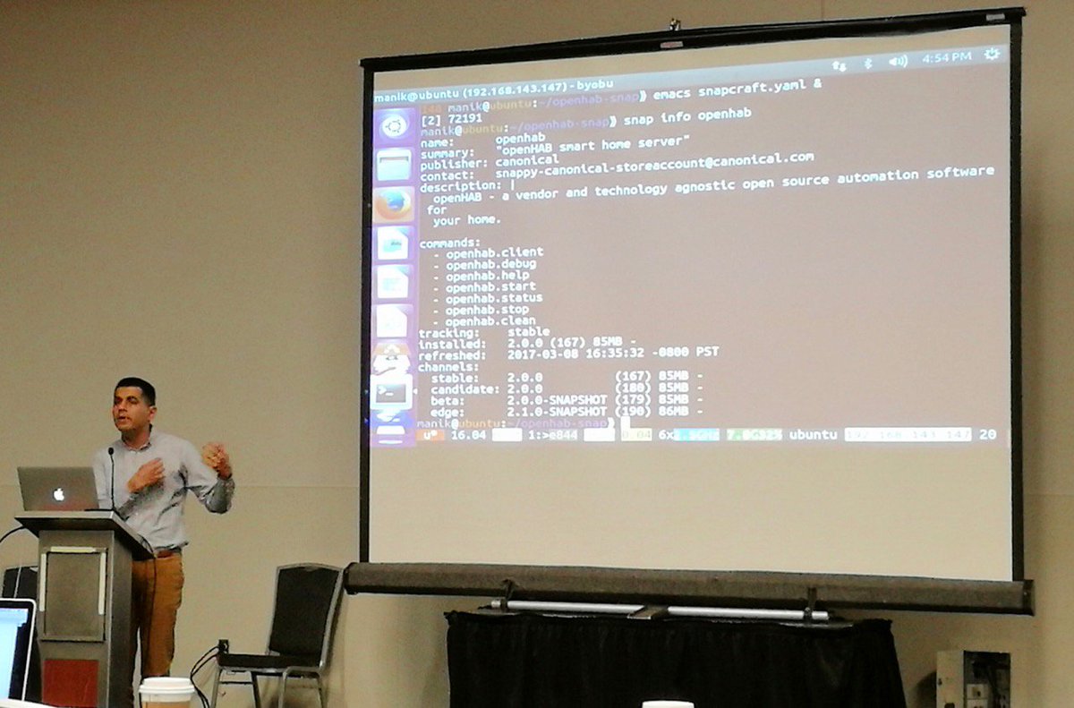 kaikreuzer's tweet image. Manik from @Canonical installing @openHAB Snap on Ubuntu Core in less than a minute at the #EclipseIoTDay.