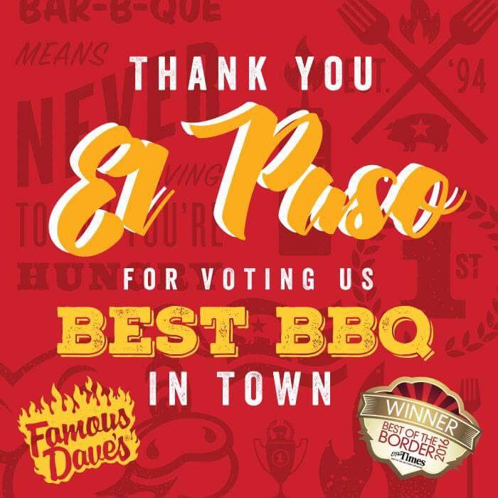 FamousDavesELP's tweet photo. Thanks for voting us the Best BBQ in town for The Best of the Border!Cheers to you and the 'que!#BestOfTheBorder #votedbestbbq #itsallgoodep https://t.co/CLFusn8ln1