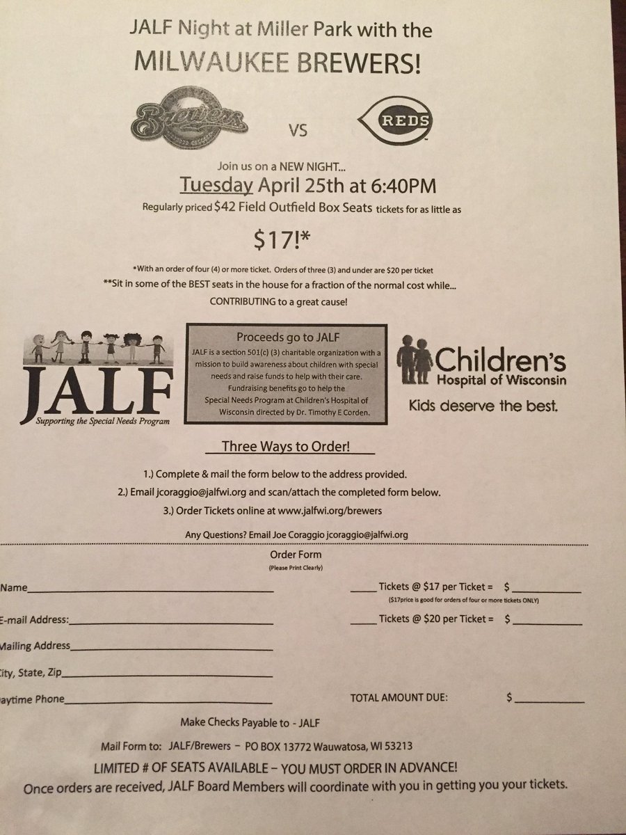 JoeCoraggio's tweet photo. @jalfwi @Brewers game on 4/25 @ 6:40 pm. Purchase tix from @jalfwi &amp; proceeds will benefit Special Needs Program @childhealthwi. https://t.co/22HdasiUS0