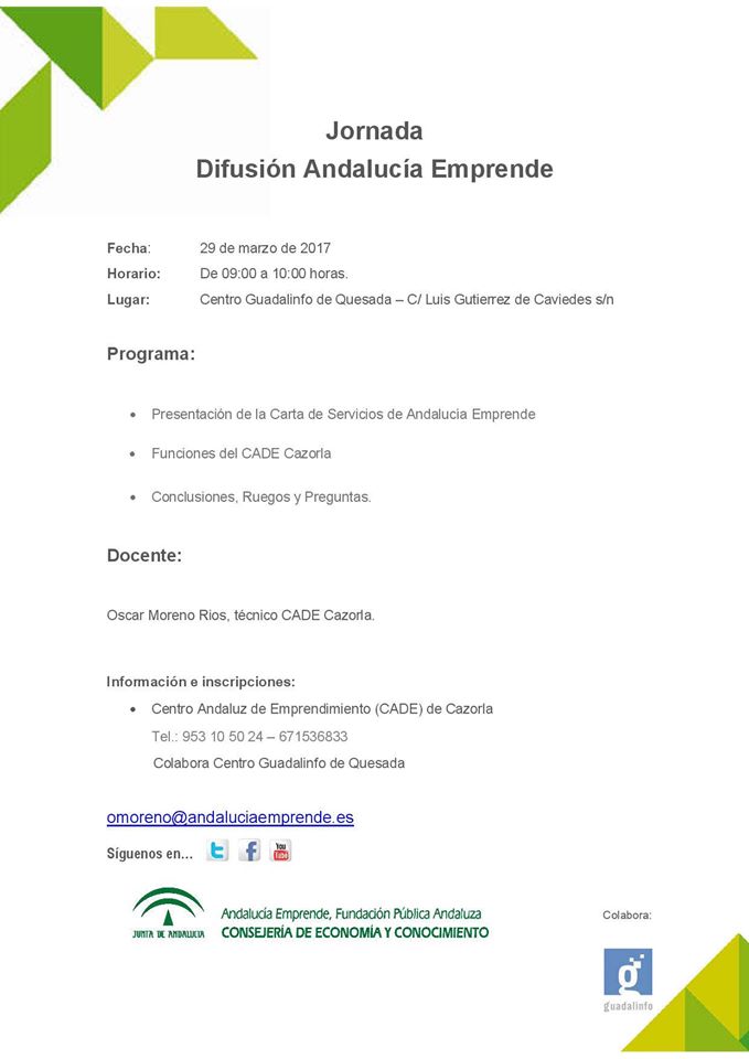 cadejaen's tweet photo. Mañana el #CADECazorla realiza Jornada Difusión de Andalucía Emprende, en @CGQuesada, dando a conocer sus servicios https://t.co/ESJ3f8drwZ https://t.co/y7aSJOZoI7