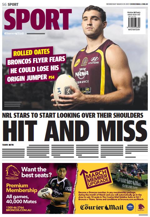 cmail_sport's tweet photo. Oates feeling Origin heat as shoulder charge confusion continues. Tmrw's @couriermail back page #NRL https://t.co/5yyk2LovBu https://t.co/nFv9Lfuqs7