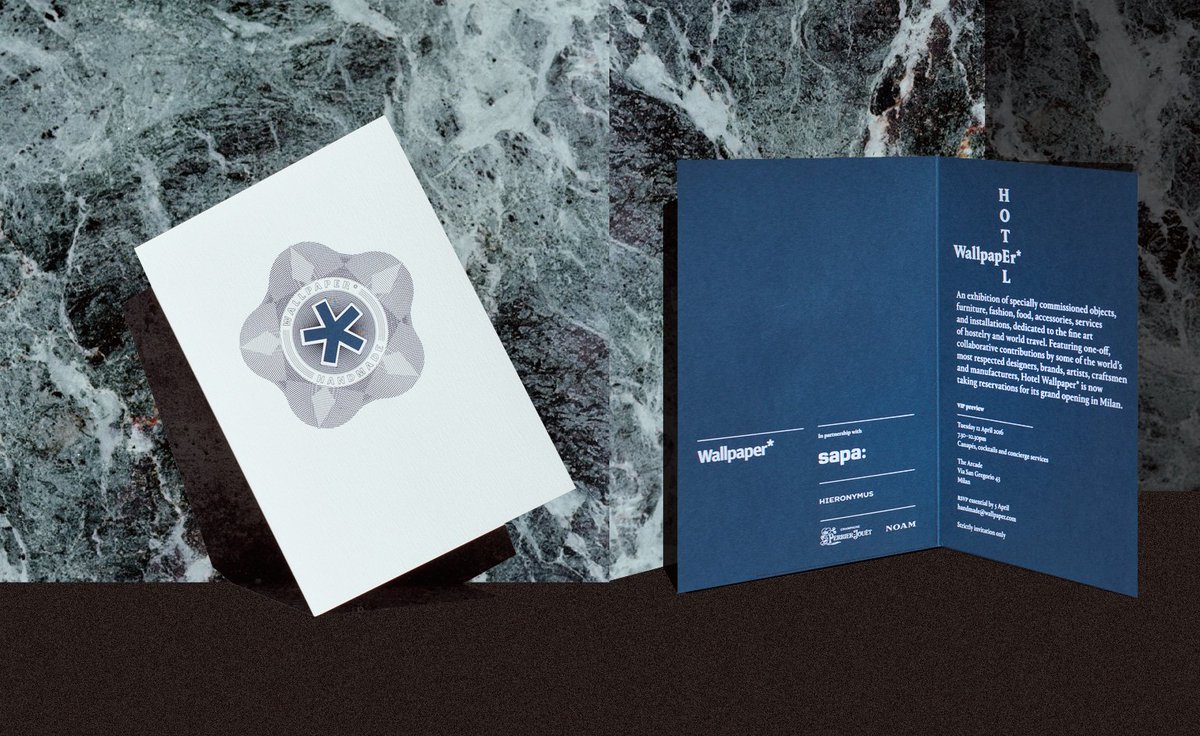 frankbrosdesign's tweet photo. Adorned in our #WallpaperSTORE blue and brand type, the invitation to #Salone2016's Hotel Wallpaper* featured our iconic Handmade emblem https://t.co/9CG7OyVeZq