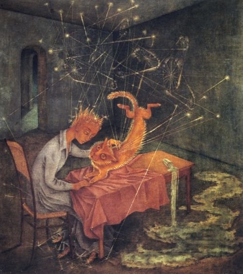 womensart1's tweet photo. Remedios Varo, ‘Sympathy (Madness of the cat)’ (1955) #womensart https://t.co/iPZDmFhJT2