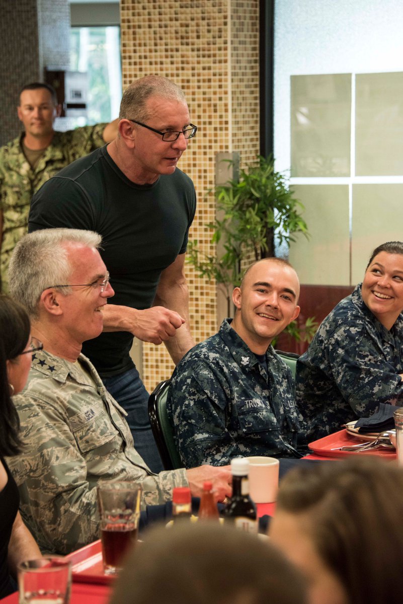 USNavyDGAR's tweet photo. Chef @RobertIrvine jokes with Gen. Paul Selva, Vice Chairman of @thejointstaff and DGar Sailors during lunch with @the_USO #USOinDGar https://t.co/VcG0GMbIhP