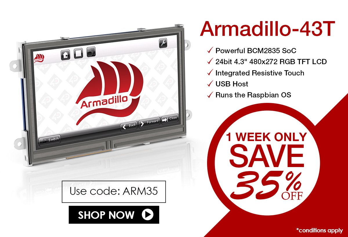 4DSystems's tweet photo. Get your Armadillo-43T now!
Save 35% off
Use code: ARM35
Hurry !!! One week offer only !
#ARM35 #love4D #Armadillo https://t.co/T9qmIhR0Ws