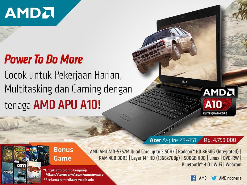 AMDIndonesia's tweet photo. Acer Z3-451 #AMDAPU A10 Quad Core bisa jadi pilihan terjangkau di budget 4 Jt-an! Ada BONUS GAME GRATIS lho! https://t.co/kNvNQrvQl4 https://t.co/rhVx97HHYD