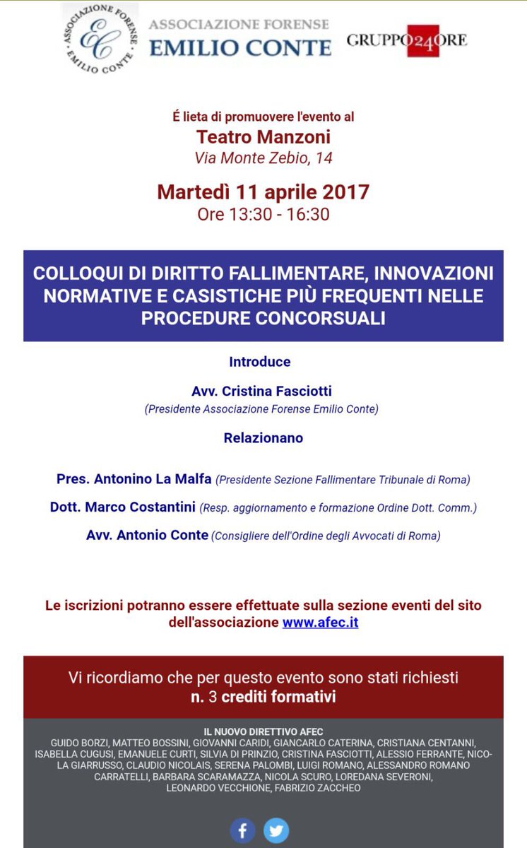 11/4 Convegno DirittoFallimentare <a href="/AssEConte/">Associazione EConte</a> a Roma.
Da non perdere. <a href="/69cristina/">Cristina Fasciotti</a> <a href="/marcodefazi/">marco de fazi</a> <a href="/EmanueleCurti/">Emanuele Curti</a> <a href="/AvvCNicolais/">Claudio Nicolais</a> <a href="/leonardov80/">leonardo vecchione</a>