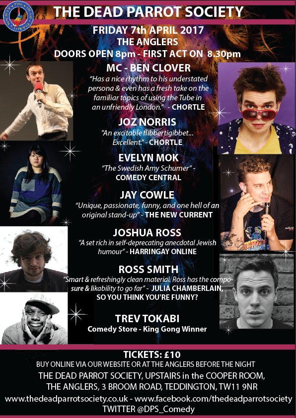 Join us for an AWESOME night of #comedy at The <a href="/Anglers_TW11/">Anglers Teddington</a> #Friday 7th April 8pm TKTS: thedeadparrotsociety.co.uk #Teddington PLS RT