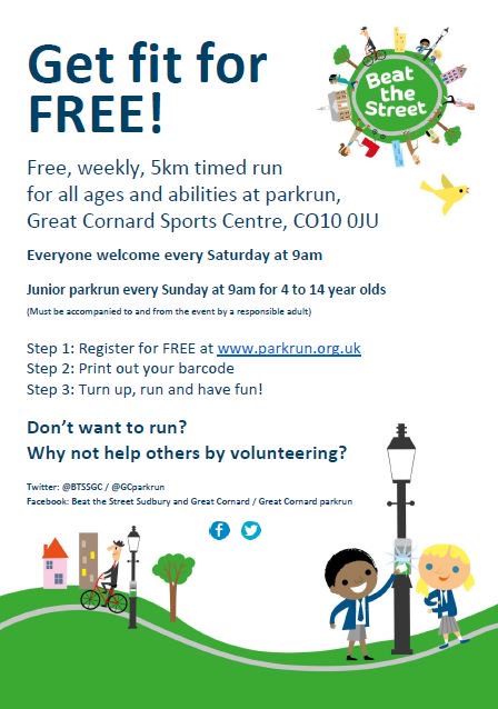 BTSSGC's tweet photo. parkrun every Saturday at 9am and junior parkrun every Sunday at 9am at Great Cornard Sports Centre.  Why not give it a go? https://t.co/zTHskwcjga