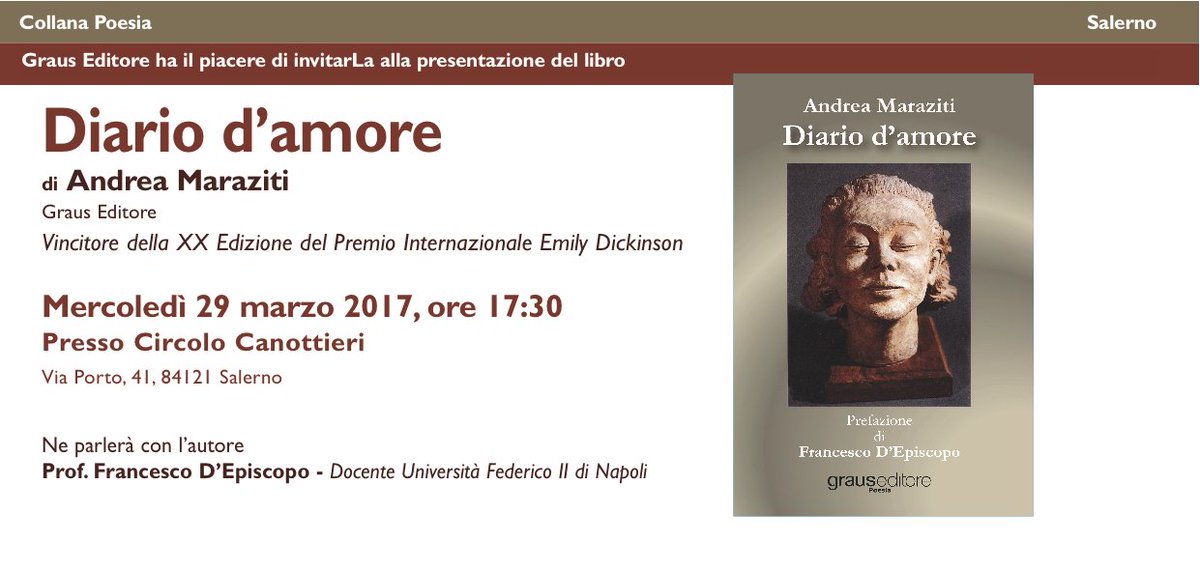 GrausEditore's tweet photo. Graus Editore, ricorda a tutti voi l'evento di presentazione che si terrà domani; mercoledì 29 marzo.
Andrea Maraziti con "Diario d'amore". https://t.co/fhk9Xi4NzM