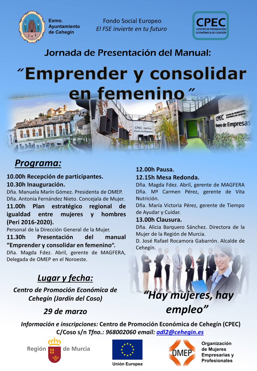 CPEC_Cehegin's tweet photo. Mañana jornada "Emprender y Consolidar en Femenino" Os esperamos! #Cehegín https://t.co/CuGUiI1nRQ