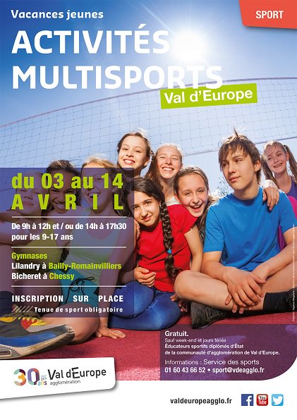 Du 3 au 14 avril, <a href="/ValdEuropeagglo/">Val d'Europe Agglomération</a> organise des activités multisports gratuites pour les 9-17ans. Infos: 01.60.43.66.52 ou sport@vdeagglo.fr