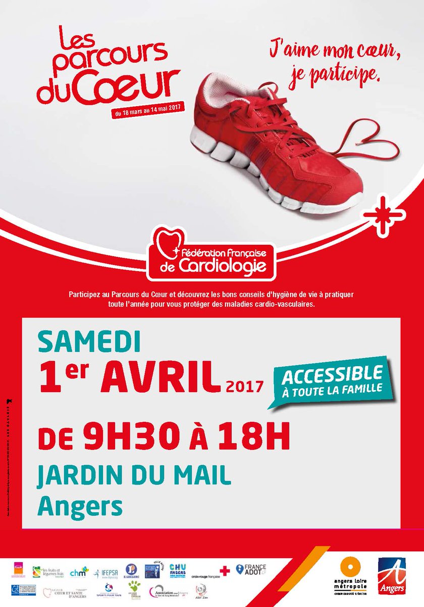 #ParcoursDuCoeur 🗓️1er avril 🚩Jardin du mail organisé @fedecardio et  @Angers. Stands et animations dédiés à la santé du ❤️.
