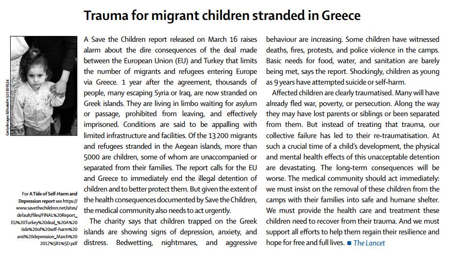 TheLancet's tweet photo. "Our collective failure has led to their re-traumatisation" - editorial on migrant children in Greece #EUTurkeyDeal https://t.co/YnMs4Kv5YB https://t.co/uDB9ndzPf3