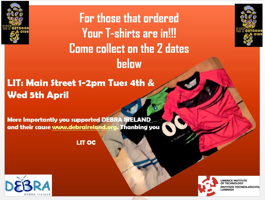 LITOutdoorClub's tweet photo. LITOC sports T-shirts are in!!!. Come collect your pre-order on 4th &amp; 5th April @LimerickIT Main Street across from AIB #MakeitLIT https://t.co/0HexmIKiDX