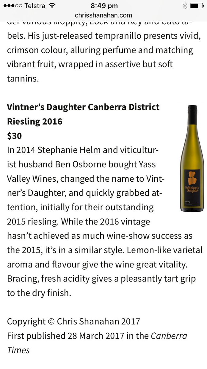 Our 2016 #Riesling reviewed by @ChateauShanahan 
 in today’s <a href="/canberratimes/">Canberra Times</a> 👍 Come taste it at the cellar door this wknd.  #canberrawines