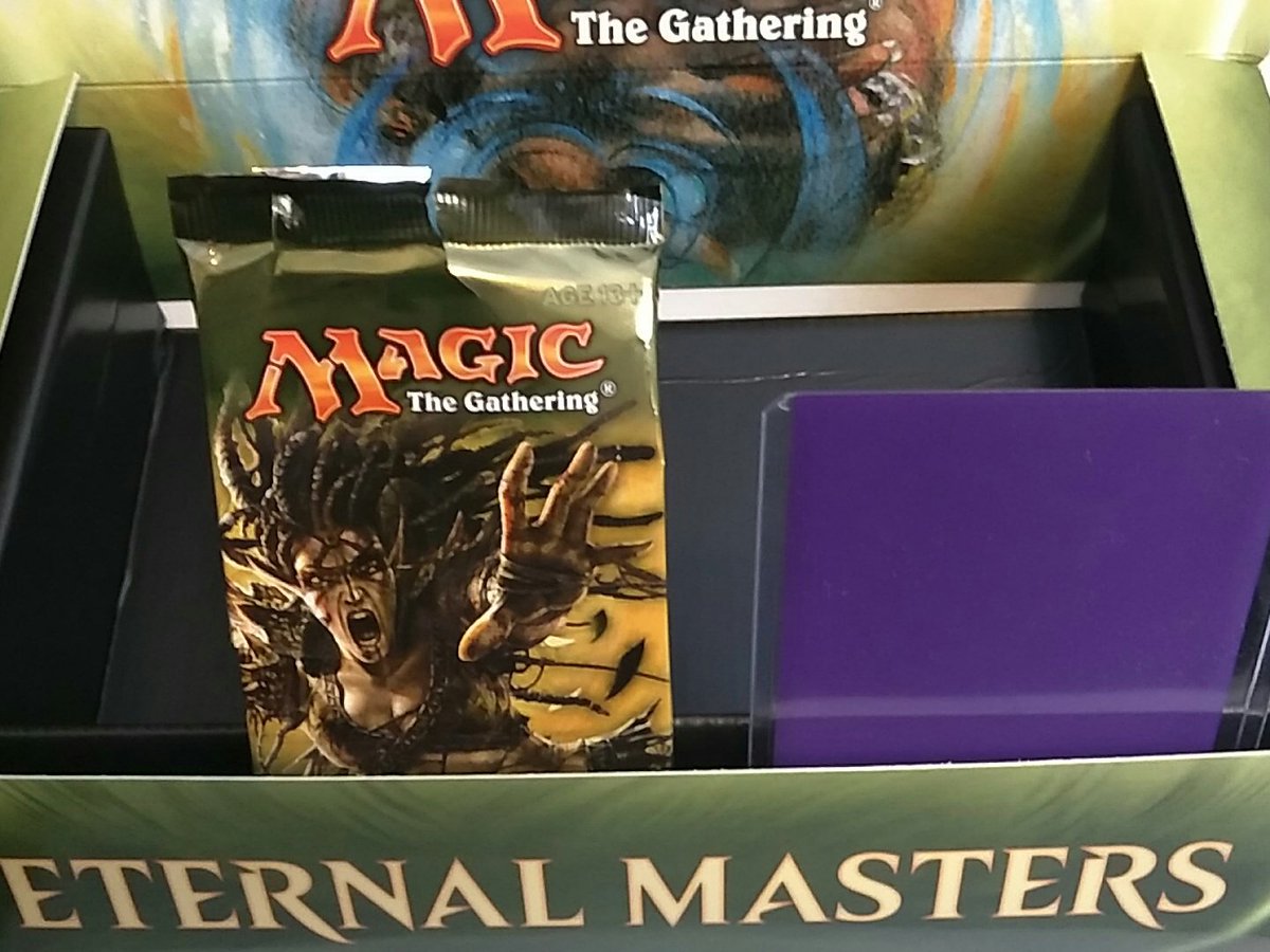 WholeBoxandDice's tweet photo. Just finished unboxing this, what's in the top loader? Can we flip it booster box edition #MTGmodern #EternalMasters https://t.co/v2ee3jaA9b