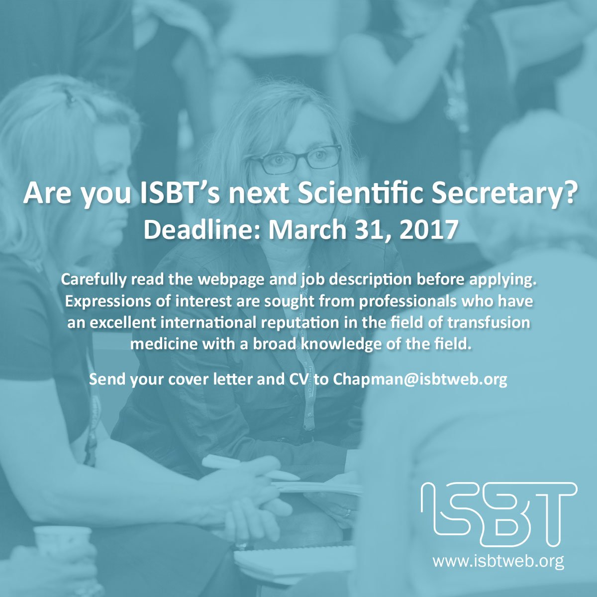 ISBTCO's tweet photo. A few more days left to #Apply for #ScientificSecretary of #ISBT. Spread the word https://t.co/uhppoRrpBC
#Deadline #CallForApplications https://t.co/x5noxy5G3I